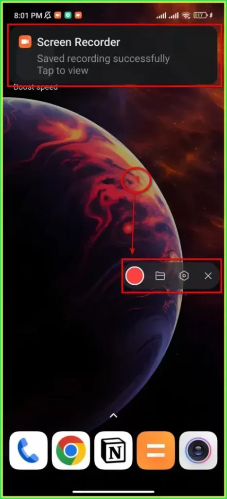 tap red circle to stop the screen recording